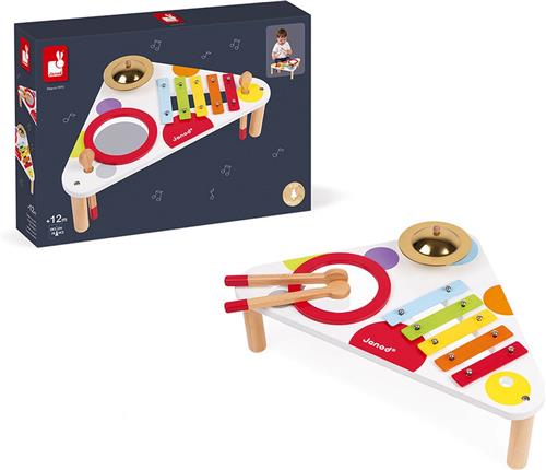 Janod Confetti - Muziektafel - Voor Kleine Muzikanten! - 3 Instrumenten Inbegrepen - Op 3 Poten Voor Meer Stabiliteit - Geschikt Vanaf 1 Jaar