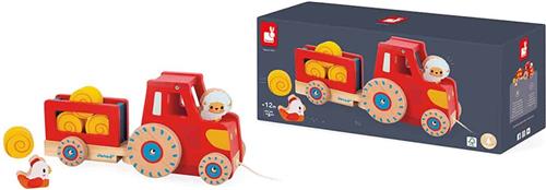 Janod - Boerderij - Houten Trekfiguur Tractor - Deze Leuke Houten Tractor Bestaat Uit Een Afneembare Aanhangwagen, 4 Strobalen, Een Kip En Een Schaap - Geschikt Vanaf 1 Jaar