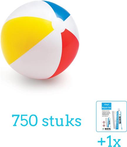 Intex Opblaasbare Strandbal Glossy - Medium - 51 cm - 59020NP - Diameter 51 cm - 750 stuks - Voordeelverpakking - Inclusief WAYS Reparatiesetje (1 stuks)