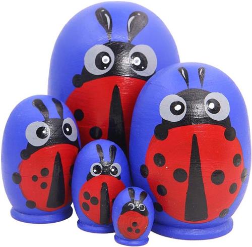 JGS Premium - Set van 5 Leuke Ei Vorm Lieveheersbeestje Thema Blauw Handgeschilderde Dier Stapelen Speelgoed - Handgemaakte Russische Nesting Pop voor Kinderen - Speelgoed Verjaardagsgeschenk