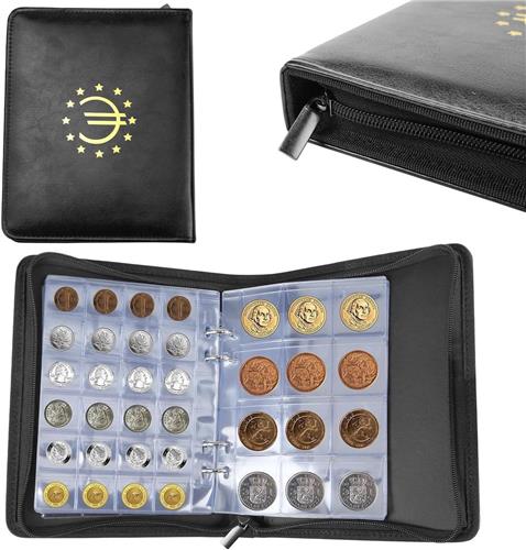 JGS Premium - Munten opbergen verzamelalbum 2 euro munten, 600 vakken, zwart met ritssluiting, 3 x 3 cm / 4 x 45 cm