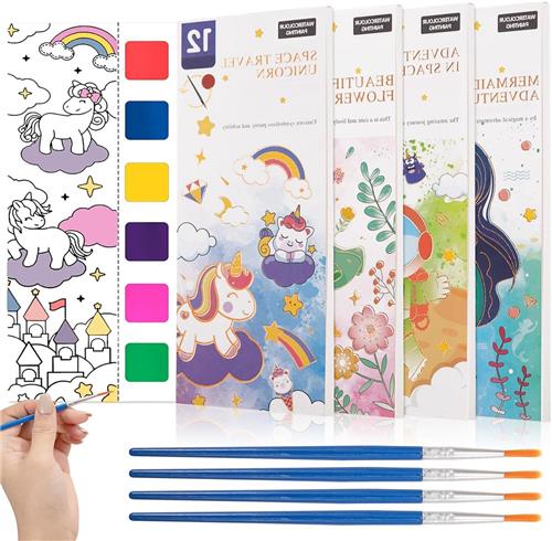 JGS Premium - Aquarel kleurboek voor kinderen - waterpenseel - waterverf - schilderpapier - aquareltekeningen - bladwijzer - zak-aquarelboek - vanaf 3 jaar - zeemeerminnen thema.