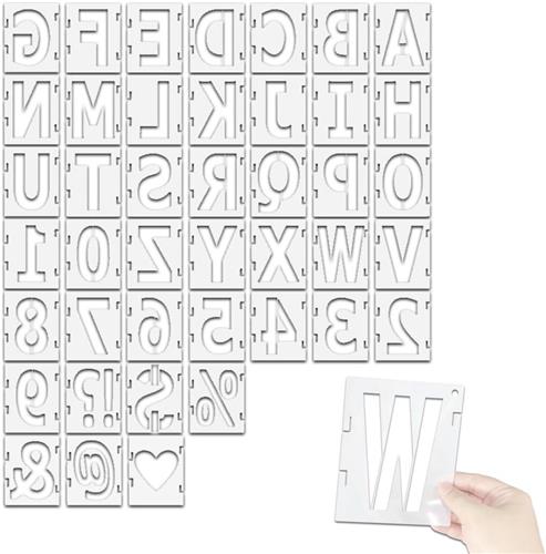 JGS Premium - Lettersjablonen 10 cm cijfersjablonen vintage kunststof groot alfabet spuitsjablonen herbruikbaar houten borden schilderen doe-het-zelf knutselen - Set van 42 stuks