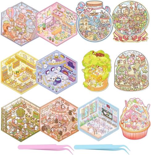 JGS Premium - DIY 3D Stickers Set van 12 stuks met Pincetten - Huisstickers - Miniatuur Scène Stickers - Zelf maken van Koffiehuis Bakkerij Pretpark - Voor Volwassenen en Kinderen