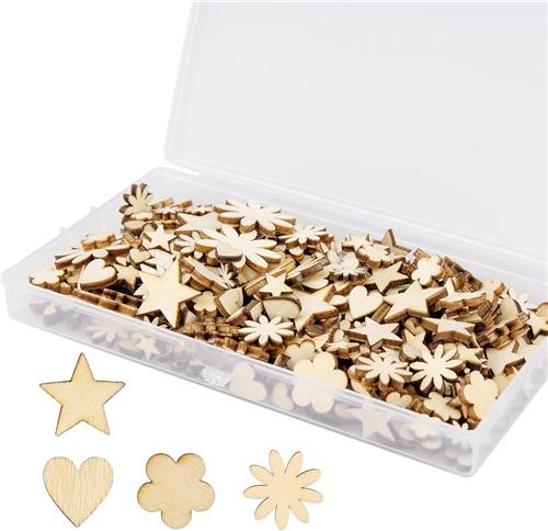 JGS Premium - Mini Houten Versieringen 350 Stuks | Natuurlijke Bloemvormige, Hart & Stervormige Houtspaanders | Scrapbooking, Doe-het-zelf, Knutselwerk | Bruiloft, Feestdecoratie | Diverse Maten
