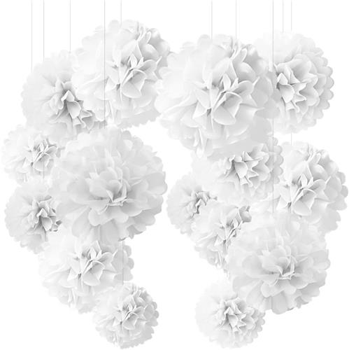 JGS Premium - Pompon Decoratie voor Bruiloft en Slaapkamer - Set van 24 Stuks - Wit Zijdepapier - Meisjes Doop Decoratie