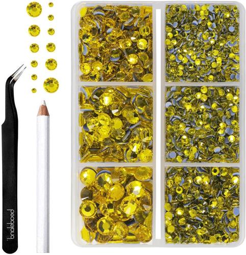 JGS Premium - Hotfix Strass: 4000 stuks gele strass-steentjes voor gemengde kleding, 6 maten inclusief waspotlood en pincet - citroengeel.