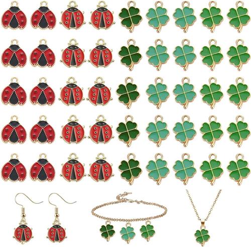 JGS Premium - Klaverbladhangers Lieveheersbeestje Vier Bladeren - Geluksbrenger Sieraden Knutselen - Set van 45 Stuks