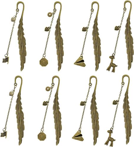 JGS Premium - Set van 8 metalen veren bladwijzers hanger voor lezers en studenten