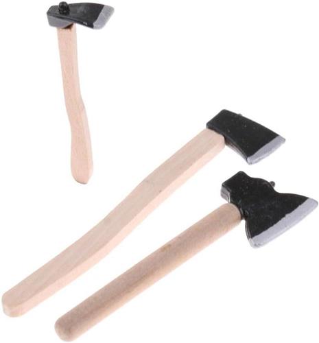 JGS Premium - Mini Axe Set voor Poppenhuis Decoratie - 3 stuks - Houten Handvat - Metalen Kop - Tuin Accessoires