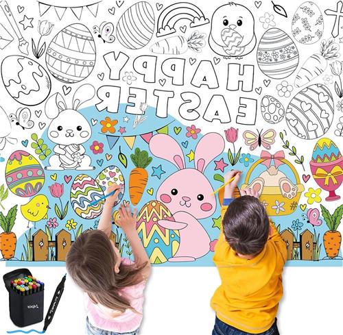 JGS Premium - Kleurtafelkleed voor kinderen 110 x 80 cm Pasen met markeerstiften en motief konijntje