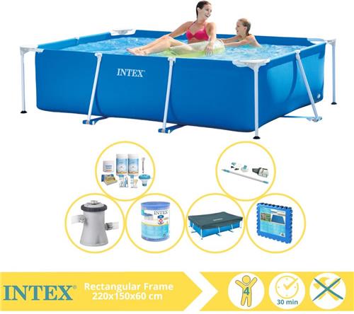 Intex Rectangular Frame Zwembad - Opzetzwembad - 220x150x60 cm - Inclusief Afdekzeil, Onderhoudspakket, Zwembadpomp, Filter, Stofzuiger en Zwembadtegels