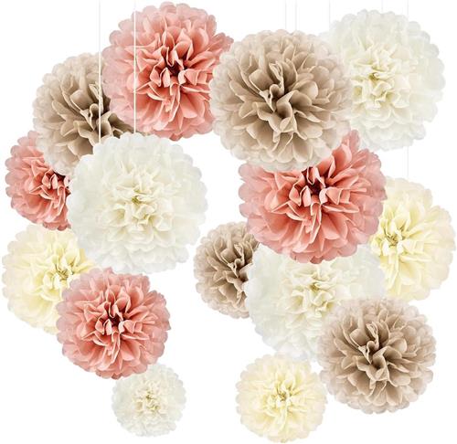 JGS Premium - 20 stuks pompons van zijdepapier voor bruiloft, verjaardag en tuinfeest - Vintage decoratie in roségoud en champagne abrikoos