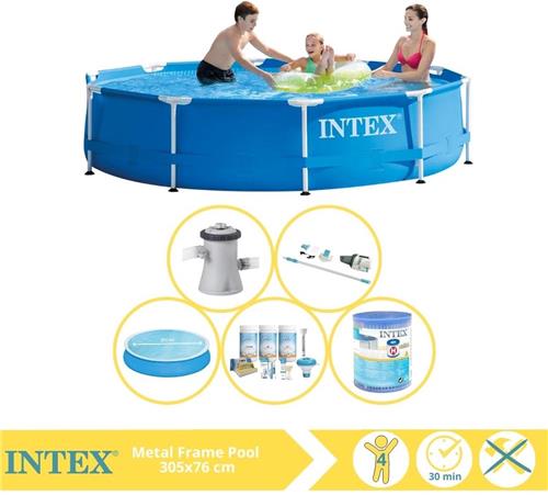 Intex Metal Frame Zwembad - Opzetzwembad - 305x76 cm - Inclusief Solarzeil, Onderhoudspakket, Filter en Stofzuiger