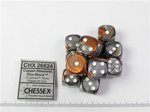 Chessex Gemini koper-staal/wit D6 16mm Dobbelsteenset (12 stuks)