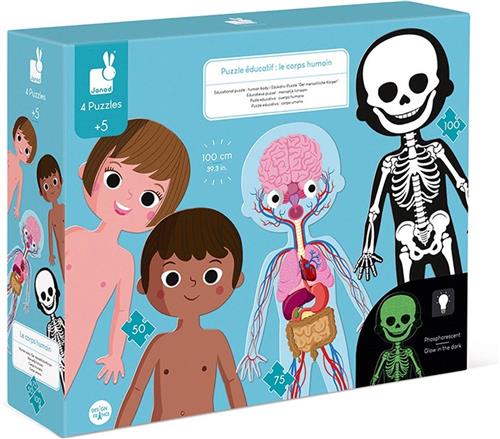 Janod Educatieve Puzzel - Het Menselijk Lichaam - 4 Puzzels Van 50 Tot 100 Stukjes - Inclusief 1 Glow In The Dark Puzzel - Leer Alles Over Het Menselijk Lichaam Met Deze Educatieve Puzzels - Geschikt Vanaf 5 Jaar