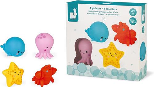 Janod Badspeelgoed - Spuitfiguur Zeedieren - 4 Verschillende Dieren - Voor Uren Badplezier! - Geschikt Vanaf 10 Maanden