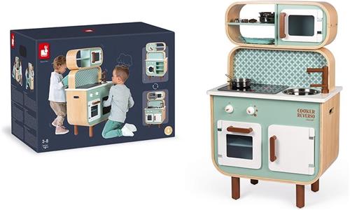Janod Keuken - Reverso - Speelgoedkeuken Met Licht en geluid - Dubbelzijdige Keuken: Keuken En Wasmachine - Inclusief 7 Accessoires - Geschikt Vanaf 3 Jaar
