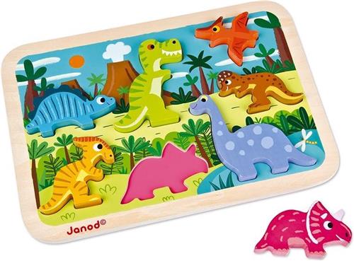Janod Chunky Puzzel - Dinosaurus - 7 Dieren Puzzelstukjes In 3D Met Een Dikte Van 1,5 Cm - Geschikt Vanaf 18 Maanden