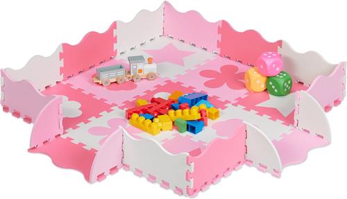 Relaxdays 34-delige speelmat met rand - puzzelmat kinderkamer - speeltegels - vloerpuzzel - roze