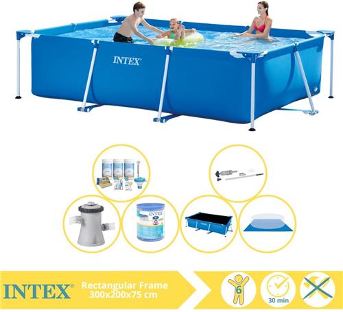 Intex Rectangular Frame Zwembad - Opzetzwembad - 300x200x75 cm - Inclusief Solarzeil Pro, Onderhoudspakket, Zwembadpomp, Filter, Grondzeil en Stofzuiger