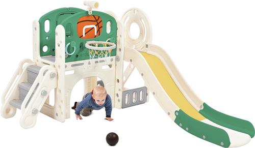 Merax Glijbaan Speeltoestel voor Kinderen met Basketbalring, Tunnel, Trap en Opbergbox  200 cm Lange Glijbaan  Peuterspeelgoed voor Binnen en Buiten  HDPE Kunststof  Groen met Crème
