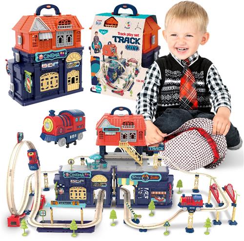 sun baby Treinbaan met elektrische locomotief voor kinderen vanaf 3 jaar met lus, viaduct, brug, slagboom, stationsgebouwen, bioscoop en winkel