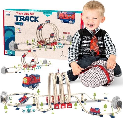 sun baby Treinbaan met elektrische locomotief voor kinderen vanaf 3 jaar met een lus, brug, tunnel, verkeersborden, bomen, bergen