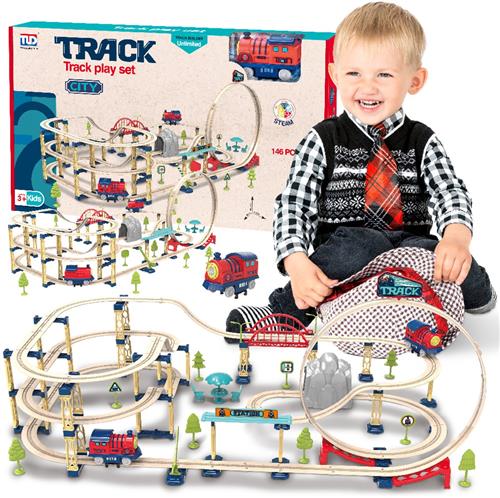 sun baby Treinbaan met elektrische locomotief voor kinderen vanaf 3 jaar met een lus, brug, viaduct, verkeersborden, bomen, bergen