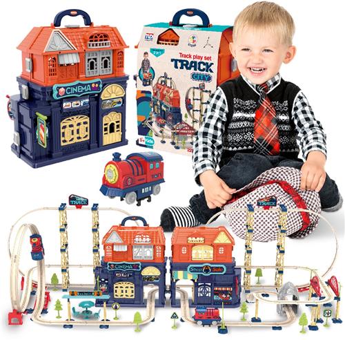 sun baby Treinbaan met elektrische locomotief voor kinderen vanaf 3 jaar met lus, viaduct, brug, verkeersborden, stationsgebouw, bioscoop en winkel