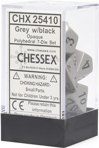 Chessex dobbelstenen set, 7 polydice, Opaque grey w/black