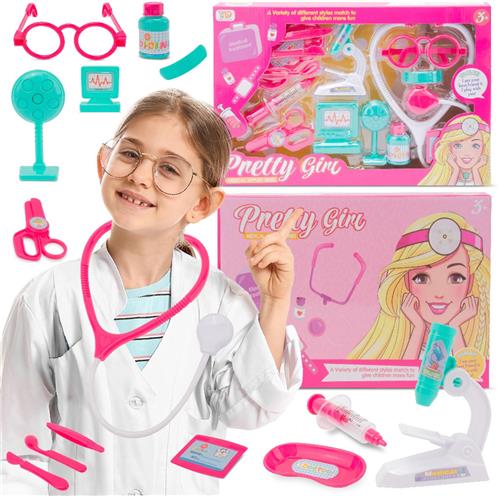 sun baby Kleine Dokter Set 3+  14 accessoires (stethoscoop, spuit, bril, microscoop en meer), naamplaatje voor de gegevens van de dokter