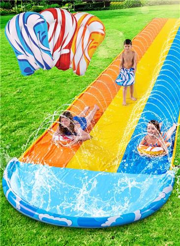 Ibenzoa® Drievoudige Waterglijbaan Met Opblaasbare Bodyboards En Sprinklers Voor Zomerspeelplezier In De Tuin Glijbaan Oranje Geel Blauw