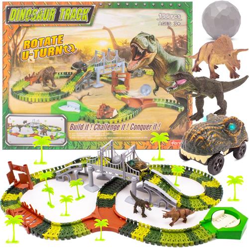 sun baby Elektrische Dino-Racebaan 3+  195 onderdelen, auto in dinosaurusvorm, sporen, brug, bomen, figuren, brug, stickers