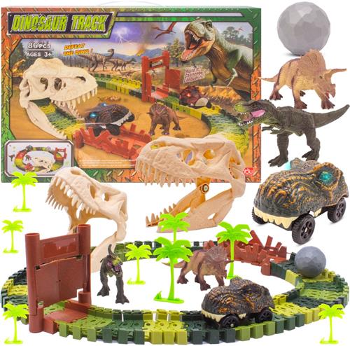 sun baby Elektrische Dino-Racebaan 3+  86 onderdelen, auto in de vorm van een dinosaurus schedel, tunnel in schedelvorm, figuren, bomen, sporen, stickers