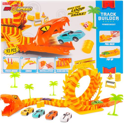 sun baby Racebaan Slang Kobra 3+  93 onderdelen, lanceerplatform, 6 auto's, flexibele baanstukken, bomen, accessoires  baanafmetingen 122x23x5 cm