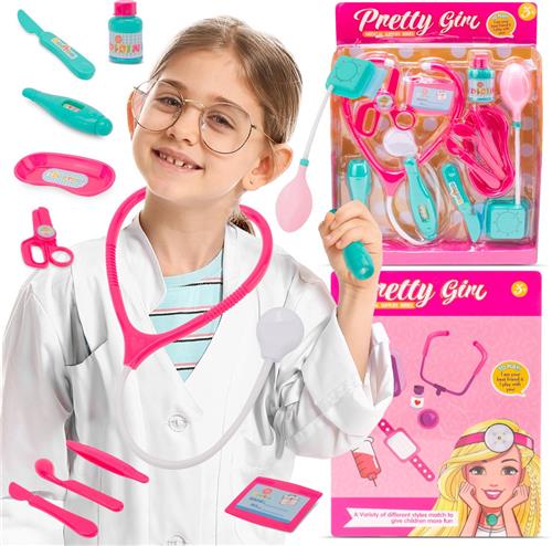 sun baby Kleine Dokter Set 3+  12 accessoires (stethoscoop, thermometer en meer), naamplaatje voor de gegevens van de dokter