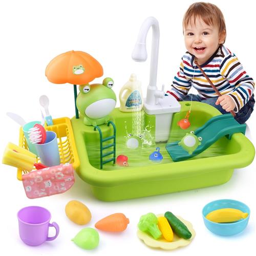Ibenzoa® Interactieve Speelkeuken Set met Elektrische Kraan en Visspel voor Kinderen Water Spel keuken set Groen
