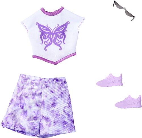 Barbie Kleding Outfit + Accessoires - Wit T-Shirt met Paarse Rok, Paarse Schoenen en Zonnebril