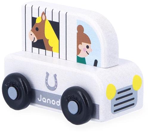 Janod Cross Roads - Houten Paardentrailer - Kleine, Makkelijk Te Hanteren Paardenwagen - Stimuleert De Fijne Motoriek En Fantasie - Geschikt Vanaf 1 Jaar