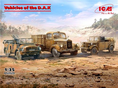 1:35 ICM DS3529 3 D.A.K. Voertuigen Set - L3000s Truck - Kfz.70 Infanterievoertuig - Kfz. 2 Radiovoertuig Plastic Modelbouwpakket