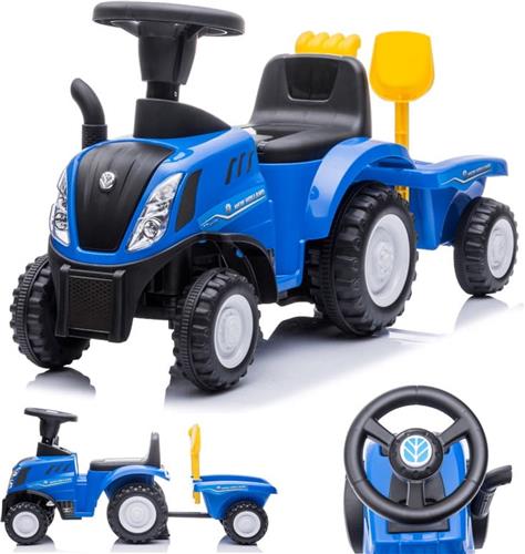 Loopauto Kinderschuifauto New Holland, tractor met aanhanger, kindervoertuig loopauto met claxon, kunststof (Blauw)