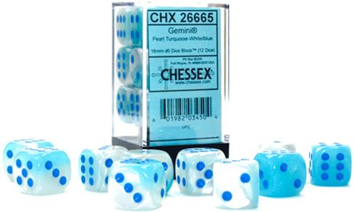 Chessex Gemini Pearl Turquoise-White/blue Luminary D6 16mm Dobbelsteen Set (12 stuks)