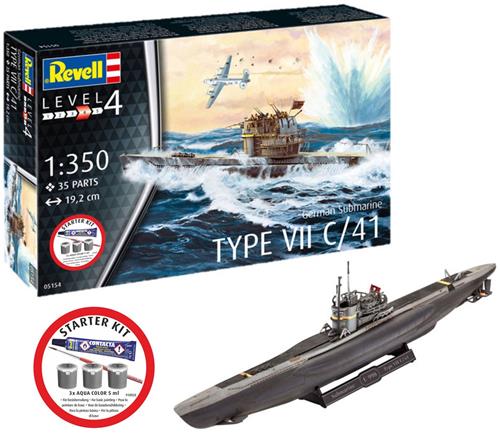 1:350 Revell 75154 Duitse Onderzeeër Type VII C/41 - WWII U-boot - Starter Kit Plastic Modelbouwpakket