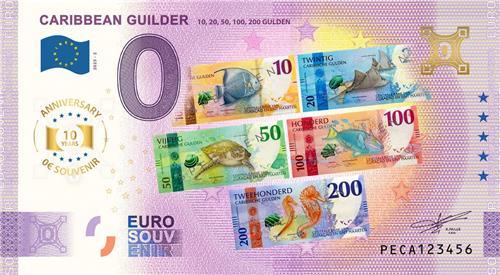 0 Euro biljet Nederland 2025 - Caribbean Guilder 10, 20, 50, 100, 200 Gulden ANNIVERSARY KLEUR