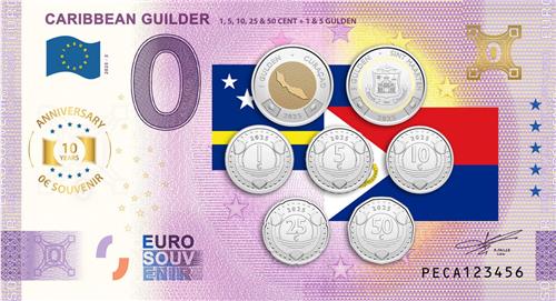 0 Euro biljet Nederland 2025 - Caribbean Guilder 1, 5, 10,25 & 50 Cent + 1 & 5 Gulden ANNIVERSARY KLEUR