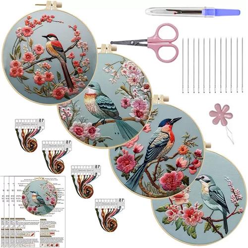 BOTC Vogelborduurpakketten - Retro Chinese stijl vogelbloem borduurpakket van 4 - Borduurpakketten voor Volwassenen - Borduren