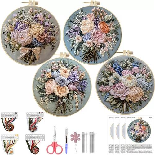 BOTC Borduurpakket Bloemen - Borduurset van 4 - Borduurpakketten voor Volwassenen - Hobby en Creatief - Borduren