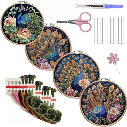 BOTC Pauw bloemen borduurpakket - Peacock Color Stamped Borduurpakket van 4 - Hobby en Creatief - Borduren