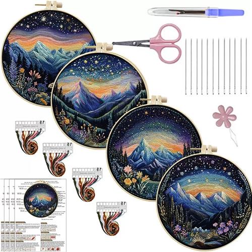 BOTC Aurora borduurset- Berg- en poollandschap van 4 - Gemengde kleuren - Stof inbegrepen- Hobby en Creatief - Borduren